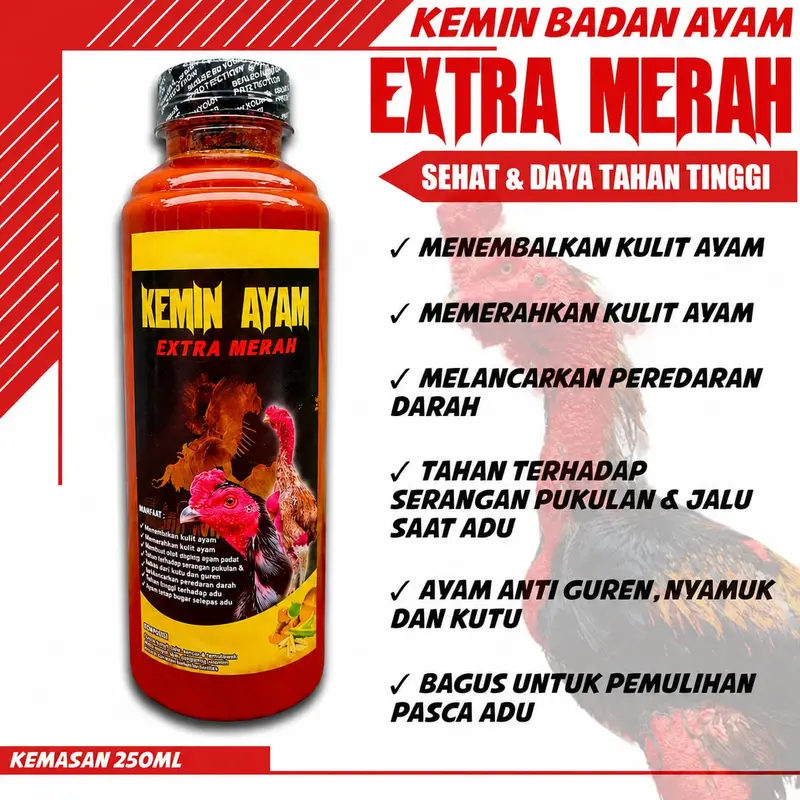 KEMIN BADAN AYAM ADUAN EXTRA MERAH tahan pukul jalu untuk kulit ayam tebal dan sehat 250ml - Gambar 3